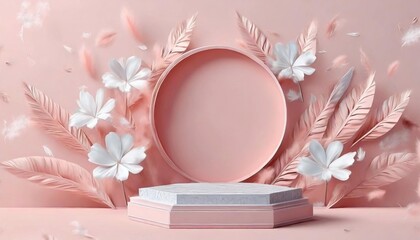 Beautiful falling feather podium pink banner product branding shopping woman splay presentation day cosmetic background valentine present mockup birthday gift