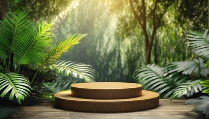 Wooden product display podium for cosmetic product with green nature garden background, 3d rendering