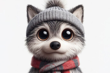 portrait of a frozen cute wolf with bulging big eyes isolated on a solid white background. ai generative