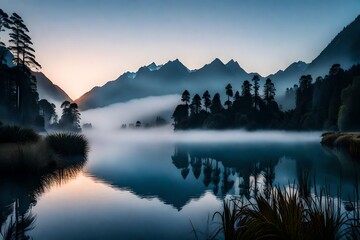 Dawn unfolding over Lake Matheson, the calm waters reflecting the pastel hues of the morning sky, with mountains disappearing into the soft embrace of fog.