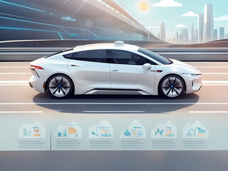Automated self-driving futuristic electric cars driving on highways as wide banners with statistics of process infographic and efficiency as a wide banner with copy space area