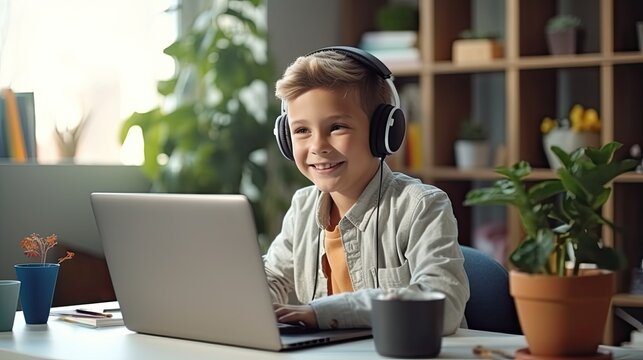 Smiling boy sitting at desk with laptop. Student study at home and learning online