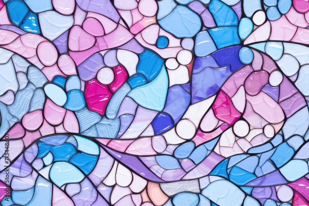 Poster a close up of a stained glass window with many different colors of glass in the shape of a wavy wave