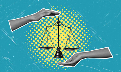 Art collage, hands and scales of justice.