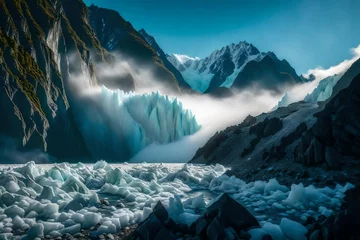 Tuinposter Fox Glacier in the early morning light, a detailed HD shot capturing the glacier's textures, with mountains in the background blending into the mystical morning fog. © Waqas