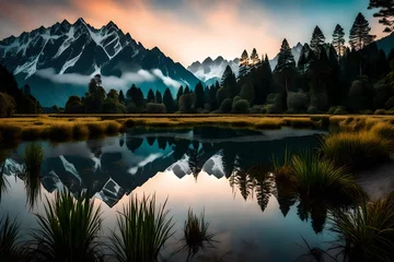 Foto auf Acrylglas Reflection Lake Matheson reflecting the early morning sky, surrounded by the enigmatic beauty of Westland District