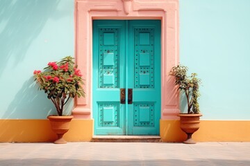 Fototapeta na wymiar a blue door with two potted plants on either side of it and a pink wall with a blue door.