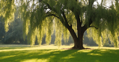 A picturesque summer day under a weeping willow tree, its graceful branches hanging down in a gentle dance.