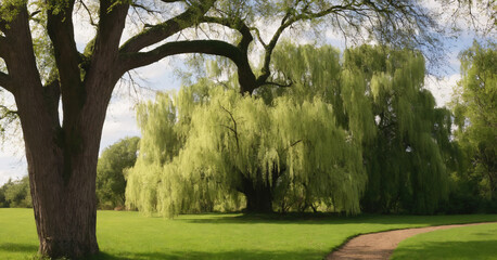 A serene landscape featuring a weeping willow tree with long, flowing branches against a summer sky.