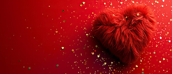 Red fluffy heart on a red background with gold confetti. Pillow with fur texture. Valentine's Day card. Generative AI.