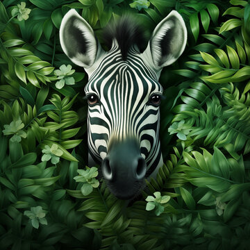 Portrait Of A Zebra With Green Leaves In The Background