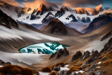 A panoramic view captured in high definition, showcasing the snow-kissed splendor of the Chilean Andes and the enchanting Laguna Del Inca nestled within