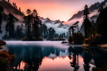 Lake Matheson at the crack of dawn, its still waters mirroring the enchanting colors of the sky, with the mountains emerging mysteriously through the fog.