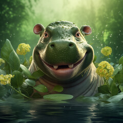 Portrait Of A Hippo With Green Leaves In The Background