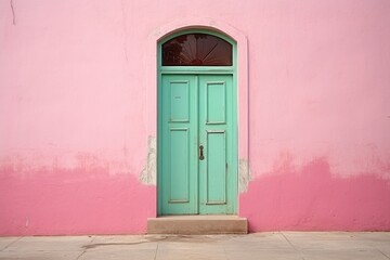  a pink wall with a green door and a pink wall with a green door and a pink wall with a green door.