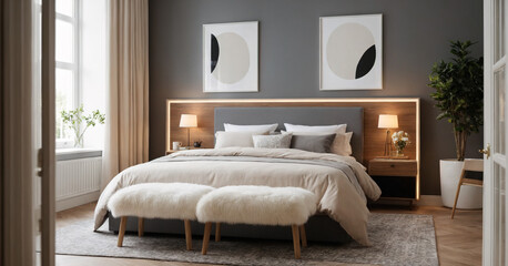 A sophisticated and cozy bedroom with a contemporary aesthetic. Neutral tones, plush bedding, and elegant decor elements create an inviting atmosphere.