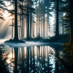 A serene forest lake at dawn, with mist rising from the water's surface in a vertical composition