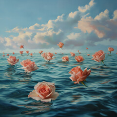 Surrealist background of roses floating in the ocean