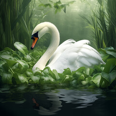 A Swan is swimming in a green forest of leaves