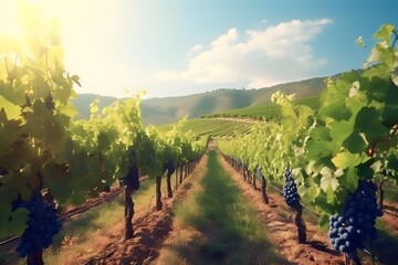 Naklejka premium The grape fields in the hills are starting to grow grapes