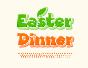 Fototapeta premium Vector cute template Easter Dinner. Orange creative Font. Bright 3D Alphabet Letters and Numbers set.