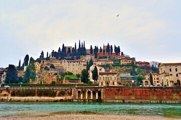 view of Colle San Pietro including the remains of the ancient Roman theater in the city of Verona...