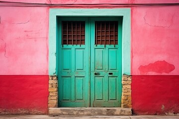 Fototapeta na wymiar a green door sits in front of a pink and red building with a red brick wall and a green door.