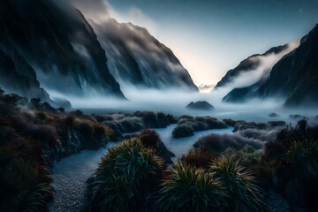Obraz premium A mysterious mist hovering around Fox Glacier, creating an ethereal atmosphere in the early morning