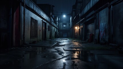Fototapeta na wymiar Darkened Alley Chronicles. Urban decay with expressive graffiti tales in a captivating nighttime setting. Generative AI
