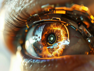 Macro shot of human eye with neural interface, futuristic. Cyber retinal recognition for neuro link connection, smart lens eyes, vision diagnostics