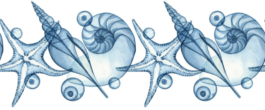 Watercolor nautical seamless border, blue transparent nautilus, starfish, shells and bubbles.