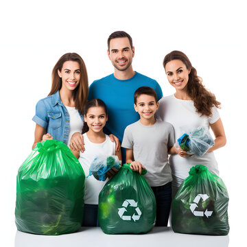 Family participating in a community recycling program isolated on white background, photo, png
