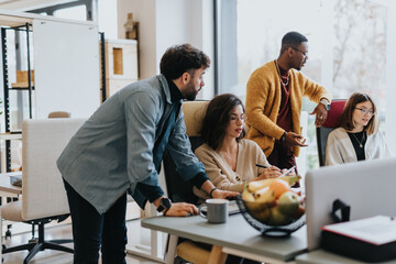 Multi generational, diverse coworkers collaborate, analyze statistics, exchange ideas, and plan for company growth in a creative office.