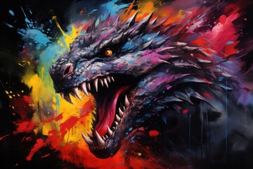  a painting of a dragon with its mouth open and colorful paint splatches all over it's body.