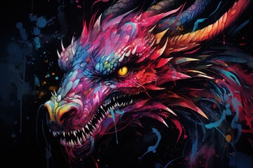  a painting of a dragon's head with red, yellow, and blue paint splattered on it.