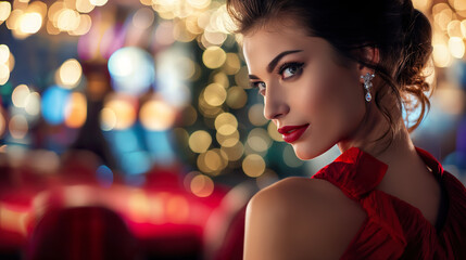 A beautiful girl, in elegant clothes, is in the gambling hall of a casino