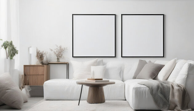 Living room wall poster mockup. Interior mockup with house background. Modern interior design.