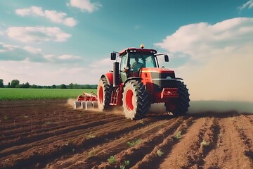 Obraz premium Tractor plowing agricultural field in cultivation, tillage. Groove row pattern