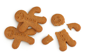 Gingerbread man isolated on white background. Top view. Flat lay.