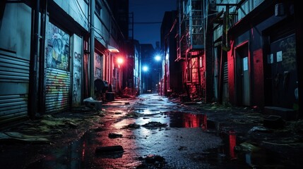 Nocturnal City Sonata: Darkened Backstreet Elegance. Urban decay with expressive graffiti storytelling. Midnight allure. Generative AI - obrazy, fototapety, plakaty