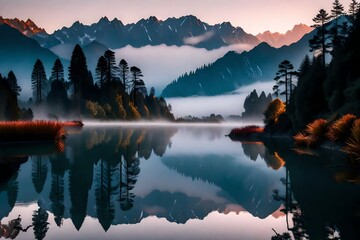 Lake Matheson at dawn, a symphony of colors reflected in the calm waters, surrounded by the mysterious silhouettes of mountains cloaked in fog.