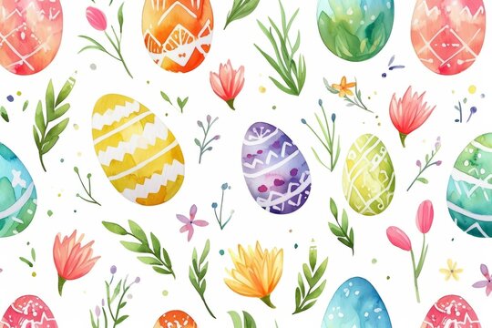 Watercolor seamless illustration pattern of easter theme with spring painted colorful easter eggs