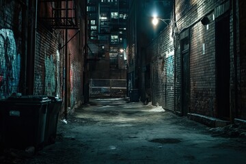 Twilight Graffiti Chronicles: Darkened Urban Aesthetics. Nighttime alley with worn architecture and captivating graffiti tales. Generative AI