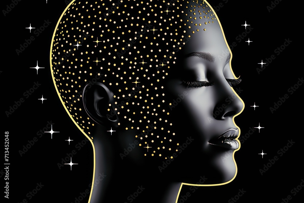 Poster a close up of a person's head with a star pattern on the side of the head and a star pattern on the 