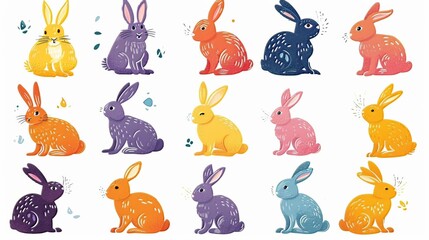 Set of cute cartoon bunnies on white background.