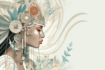  a digital painting of a woman's face wearing a headdress with feathers and flowers on her head.