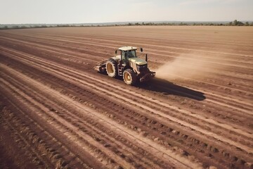 Obraz premium Tractor plowing agricultural field in cultivation, tillage. Groove row pattern