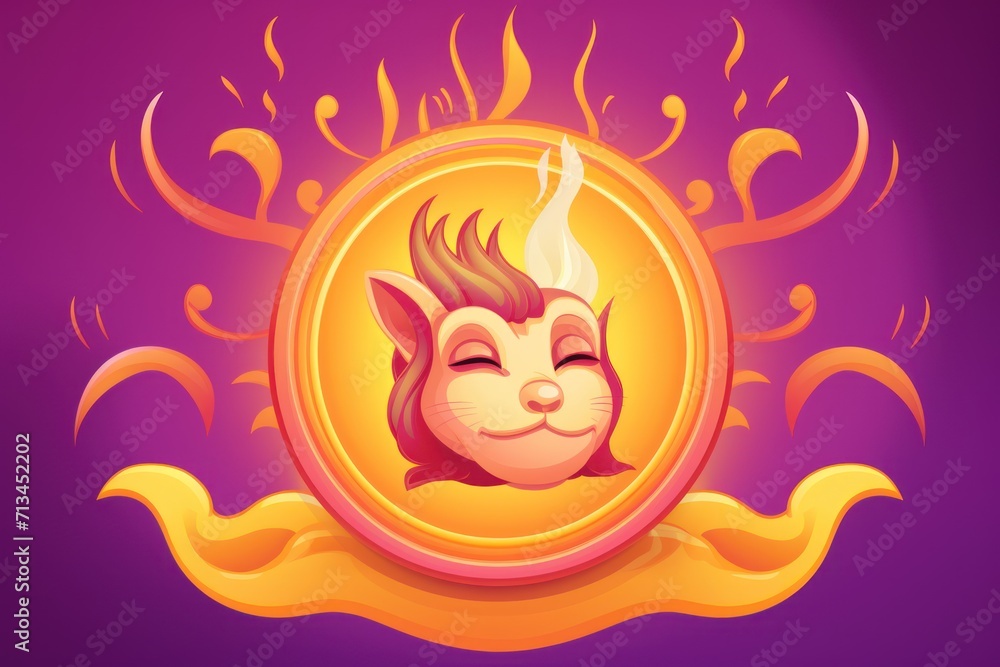 Poster a picture of a cat with a fire on it's head in a circle with a banner around it.
