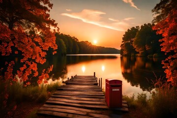 The warm glow of a summer sunset spreading across the sky over a calm lake, an abandoned pier leading to a red mailbox at the end, surrounded by the leafy embrace of trees.