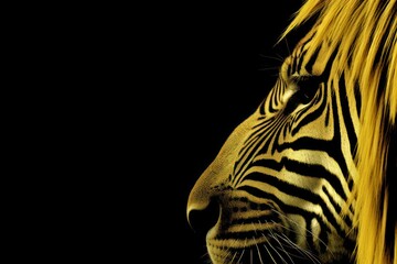  a close - up of a zebra's face with long, straight, yellow hair on a black background.